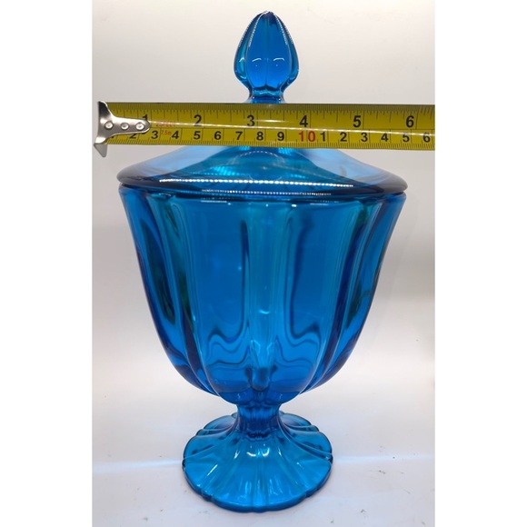 Vintage LE Smith Blue Glass Covered Pedestal Compote Candy Dish w/ Lid 10” EUC - Picture 8 of 14